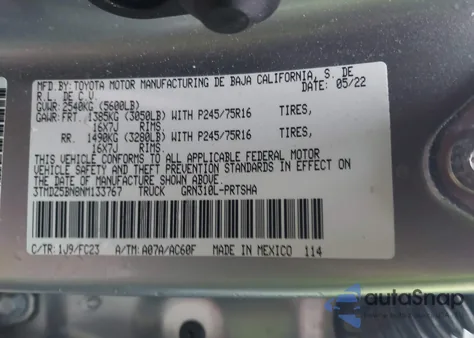 2022 Toyota Tacoma Sr5 V6 from USA, damaged, VIN 3TMDZ5BN8NM133767